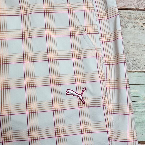 Puma Men’s 40 Plaid Golf Shorts Orange White Performance Flat Front New - Picture 2 of 10